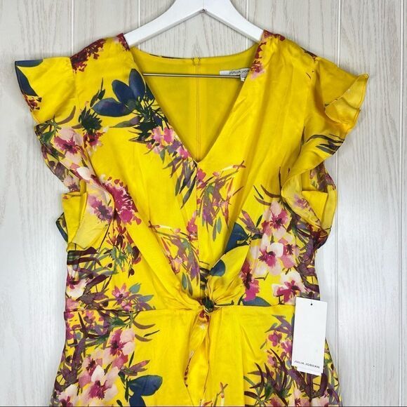 Julia Jordan Flutter Sleeve Tie Front Midi Dress Yellow Floral Size 6 - Picture 4 of 9